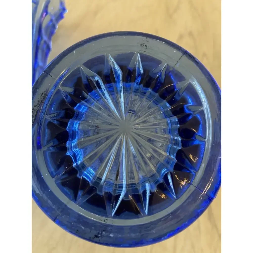 2 Vintage Cobalt Blue Pressed Glass Vases Ruffled Scalloped Edge Mid Century
